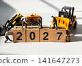Miniature Construction Workers with Forklift and Loader Building 2027 New Year Business Concept 141647273