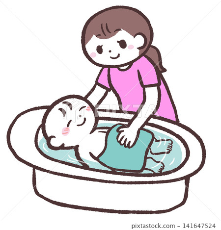 Illustration of a woman bathing a baby Illustration of a woman bathing a baby 141647524