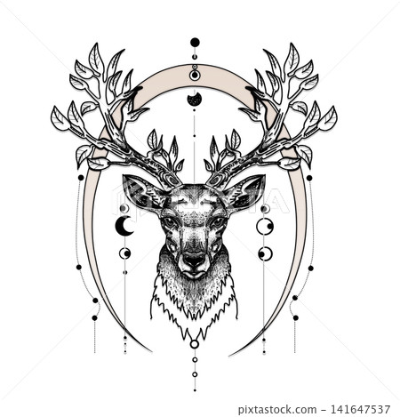 Deer antlers - Black and white illustration - Textured drawing - Clothing illustration Deer antlers - Black and white illustration - Textured drawing - Clothing illustration 141647537
