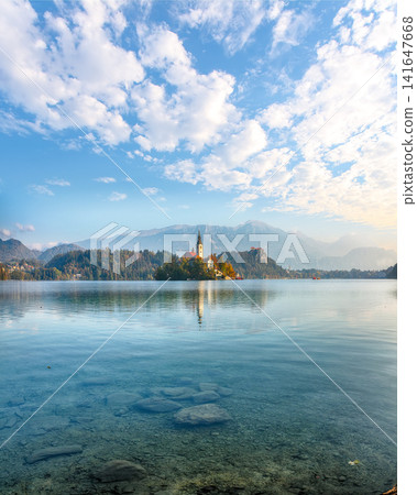 Sunny day view on popular tourist destination  Bled lake. 141647668