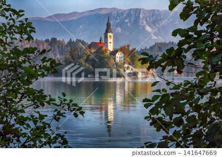 Sunny day view on popular tourist destination Bled lake. Sunny day view on popular tourist destination Bled lake. 141647669