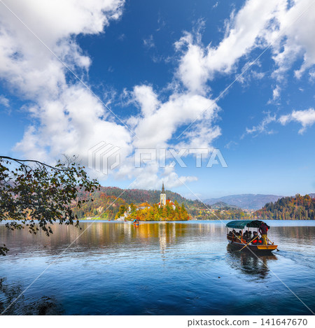 Sunny day view on popular tourist destination Bled lake. Sunny day view on popular tourist destination Bled lake. 141647670