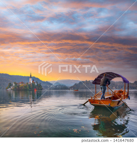 Remarkable sunset view of popular tourist destination Bled lake. 141647680