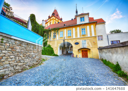 Remarkable evening view of historic town Sighisoara and Clock Tower built by Saxons. 141647688