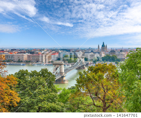 Gorgeous cityscape of Budapest with Szechenyi Chain bridge over Danube river. Gorgeous cityscape of Budapest with Szechenyi Chain bridge over Danube river. 141647701