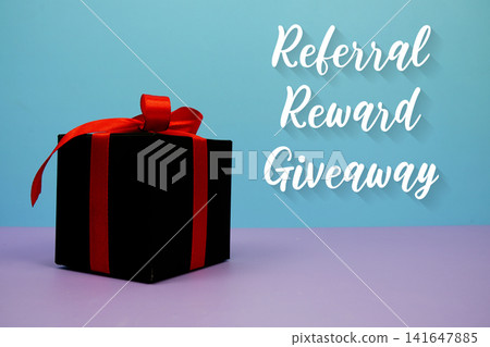 Referral Reward Giveaway text with gift box on blue background Referral Reward Giveaway text with gift box on blue background 141647885