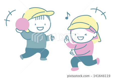 Children wearing hats enjoying playing with a ball. Children wearing hats enjoying playing with a ball. 141648119