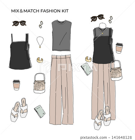 Dress-up fashion kit: Illustration of a stylish casual outfit featuring a layered camisole and wide-leg pants. Dress-up fashion kit: Illustration of a stylish casual outfit featuring a layered camisole and wide-leg pants. 141648128