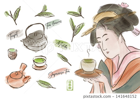 一套水彩風格的日本插畫，描繪了抹茶、日本茶、茶葉和一位穿著和服的女子。 141648152