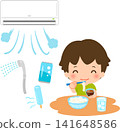 A boy eating and drinking something cold in an air-conditioned room. 141648586