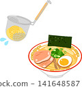 A bowl of ramen noodles and a colander for draining the water. 141648587