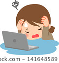 A young businesswoman is sitting at her desk, holding her head in her hands. 141648589