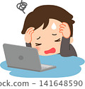 A young businessman is sitting at his desk, holding his head in his hands. 141648590