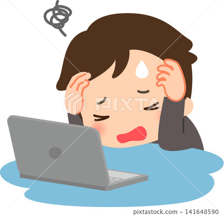 A young businessman is sitting at his desk, holding his head in his hands. A young businessman is sitting at his desk, holding his head in his hands. 141648590