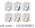 A set of icons for ballpoint pens in various color schemes and for documents such as contracts and application forms. 141648861