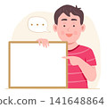 Happy Cute Kid Boy Pointing a Blank Board in His Hands for Copy Space Concept Illustration Clip Art 141648864