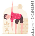 Happy Cute Kid Boy Stretching Body before Doing Exercise at Home for Healthcare Concept Illustration Clip Art 141648865