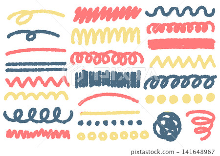 A set of colorful lines in various shapes drawn with crayons. A set of colorful lines in various shapes drawn with crayons. 141648967