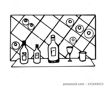 Hand-drawn black outline vector drawing. Rack, shelf with cells, bottles of wine, glasses on the table. Tasting, sale of alcoholic beverages, bar, restaurant. Wine cellar, winemaking. Hand-drawn black outline vector drawing. Rack, shelf with cells, bottles of wine, glasses on the table. Tasting, sale of alcoholic beverages, bar, restaurant. Wine cellar, winemaking. 141649413