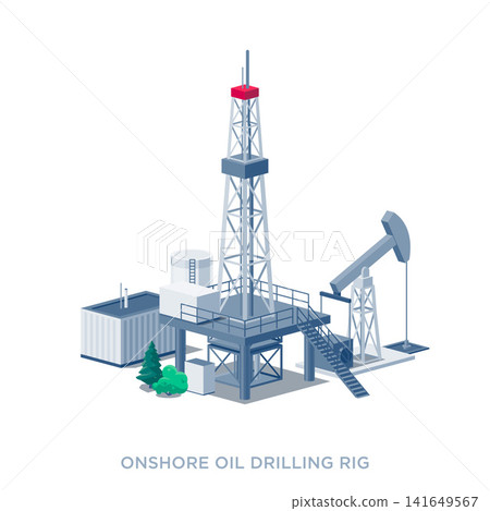 Onshore crude oil drilling derrick rig platform. 141649567