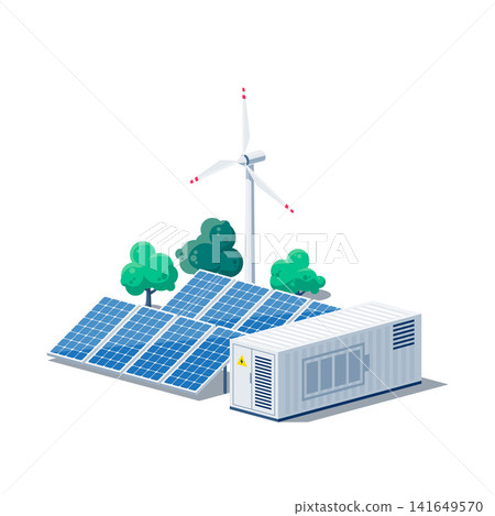 Battery energy storage with renewables solar panels and wind turbine Battery energy storage with renewables solar panels and wind turbine 141649570