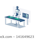 Humanoid robot working on assembly line near conveyor bolt 141649623