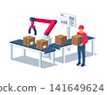 Industrial robot manipulating box on conveyor belt 141649624
