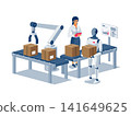 Humanoid robot working on assembly line near conveyor bolt 141649625