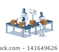Humanoid robots working on assembly line near conveyor bolt 141649626