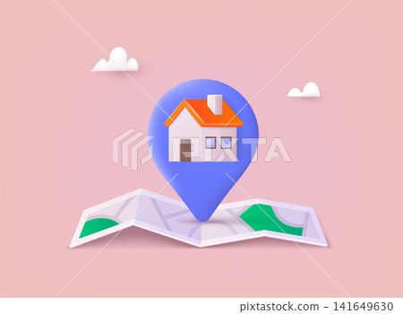 House on a map. Render house for real estate, mortgage, loan concept and homepage. 3D Web Vector Illustrations. House on a map. Render house for real estate, mortgage, loan concept and homepage. 3D Web Vector Illustrations. 141649630