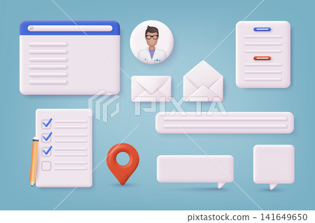 Set of different objects for pages. Landing page template for web. 3D Web Vector Illustrations. Set of different objects for pages. Landing page template for web. 3D Web Vector Illustrations. 141649650
