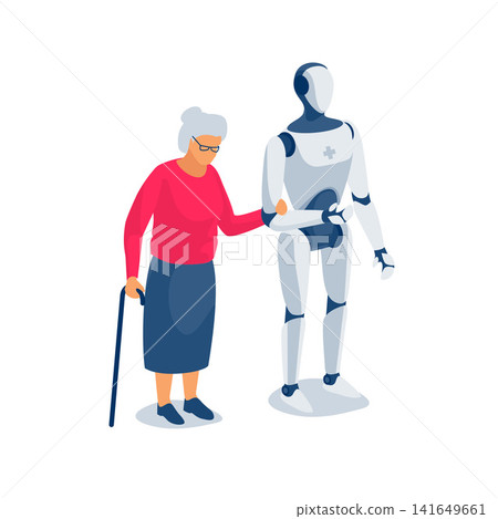Humanoid robot nurse taking care of pensioner. 141649661