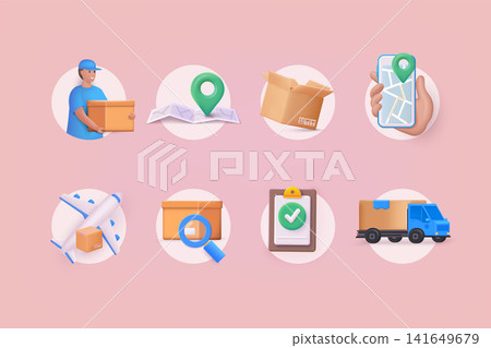 Delivery icons set. Collection of 3D linear web icons such as Shipping By Air, Delivery Date, Courier, Warehouse, Return Search Parcel, Fast Shipping. 3D Web Vector Illustration. 141649679