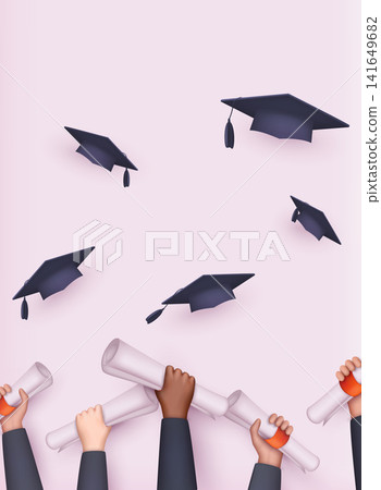 Graduating students of pupil hands in gown throwing graduation caps. Hands holding diploma graduation. 3D Web Vector Illustrations. Graduating students of pupil hands in gown throwing graduation caps. Hands holding diploma graduation. 3D Web Vector Illustrations. 141649682