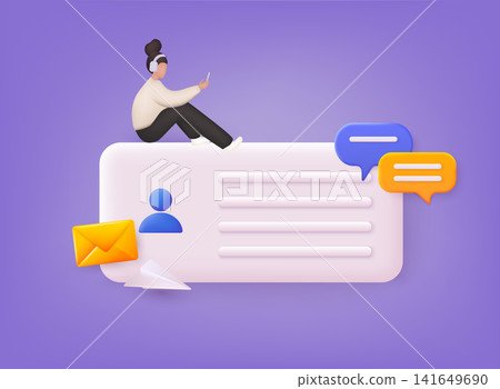 Open pages. Landing page template for web. Woman chatting. Send mail. 3D Web Vector Illustrations. Open pages. Landing page template for web. Woman chatting. Send mail. 3D Web Vector Illustrations. 141649690
