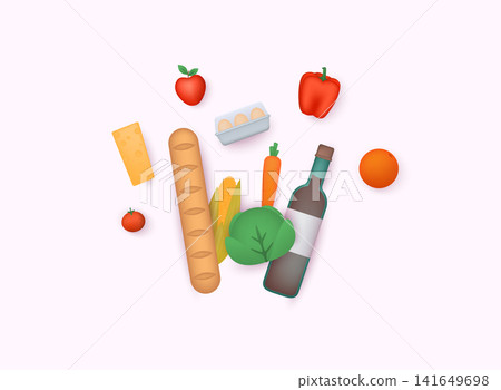 Food 3d icon. Shopping grocery. Vegetables, bread, dairy products, vine, meat and eggs. 3D Web Vector Illustrations. Food 3d icon. Shopping grocery. Vegetables, bread, dairy products, vine, meat and eggs. 3D Web Vector Illustrations. 141649698