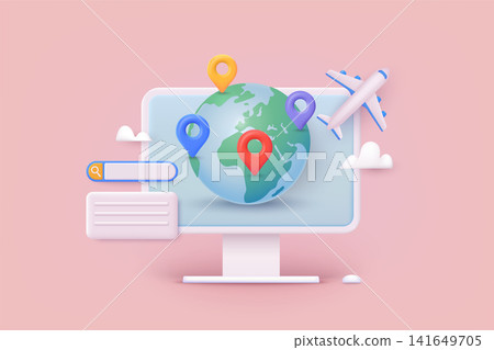 Around the world travelling by plane, airplane trip in various country, travel pin location on a global map. 3D Web Vector Illustrations. Around the world travelling by plane, airplane trip in various country, travel pin location on a global map. 3D Web Vector Illustrations. 141649705