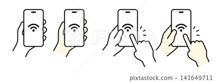 Illustrations of a hand holding a smartphone with the Wi-Fi icon displayed (set) Illustrations of a hand holding a smartphone with the Wi-Fi icon displayed (set) 141649711
