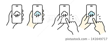 Illustrations of a hand holding a smartphone with a cloud icon displayed (set) Illustrations of a hand holding a smartphone with a cloud icon displayed (set) 141649717