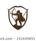 Archer with Bow and Arrow Silhouette Shield Emblem Logo Vector Design Inspiration 141649891