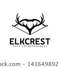 Elkcrest logo with deer antlers and bow, wilderness hunting emblem Vector Design Inspiration 141649892