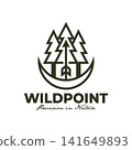Outdoor adventure emblem featuring pine trees and arrow, nature-inspired logo Vector Design Inspiration 141649893