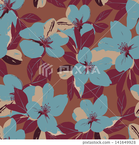 Seamless floral pattern featuring blue Stewartia sinensis flowers and burgundy leaves on brown background. 141649928