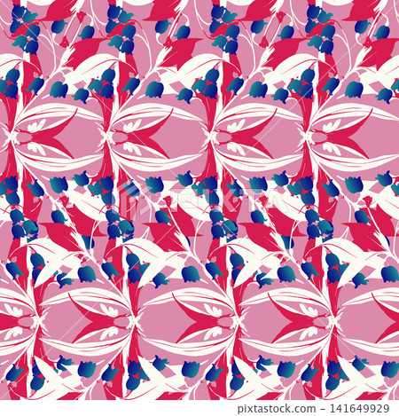 Seamless botanical pattern featuring Styrax japonicus blooms, red leaves, and blue flowers on a pink background. Seamless botanical pattern featuring Styrax japonicus blooms, red leaves, and blue flowers on a pink background. 141649929