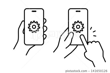A monochrome illustration of a hand holding a smartphone with the settings icon displayed. A monochrome illustration of a hand holding a smartphone with the settings icon displayed. 141650126