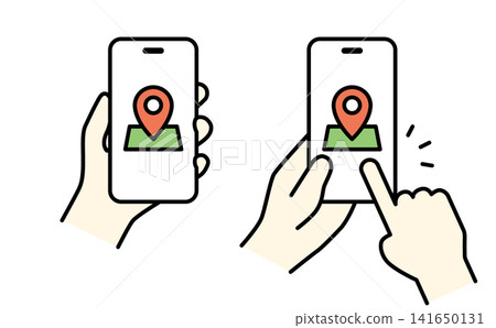 A color illustration of a hand holding a smartphone displaying a map icon. A color illustration of a hand holding a smartphone displaying a map icon. 141650131