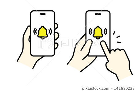 A color illustration of a hand holding a smartphone displaying a notification icon. A color illustration of a hand holding a smartphone displaying a notification icon. 141650222