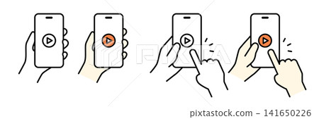 Illustrations of a hand holding a smartphone with a video icon displayed (set) Illustrations of a hand holding a smartphone with a video icon displayed (set) 141650226