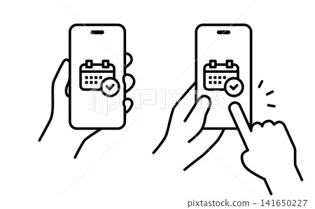 A monochrome illustration of a hand holding a smartphone displaying a reservation icon. A monochrome illustration of a hand holding a smartphone displaying a reservation icon. 141650227