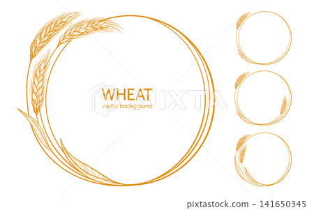 Wheat wreath and round frame icon set cereal grain spikelet stalk laurel branch symbols badge design Wheat wreath and round frame icon set cereal grain spikelet stalk laurel branch symbols badge design 141650345